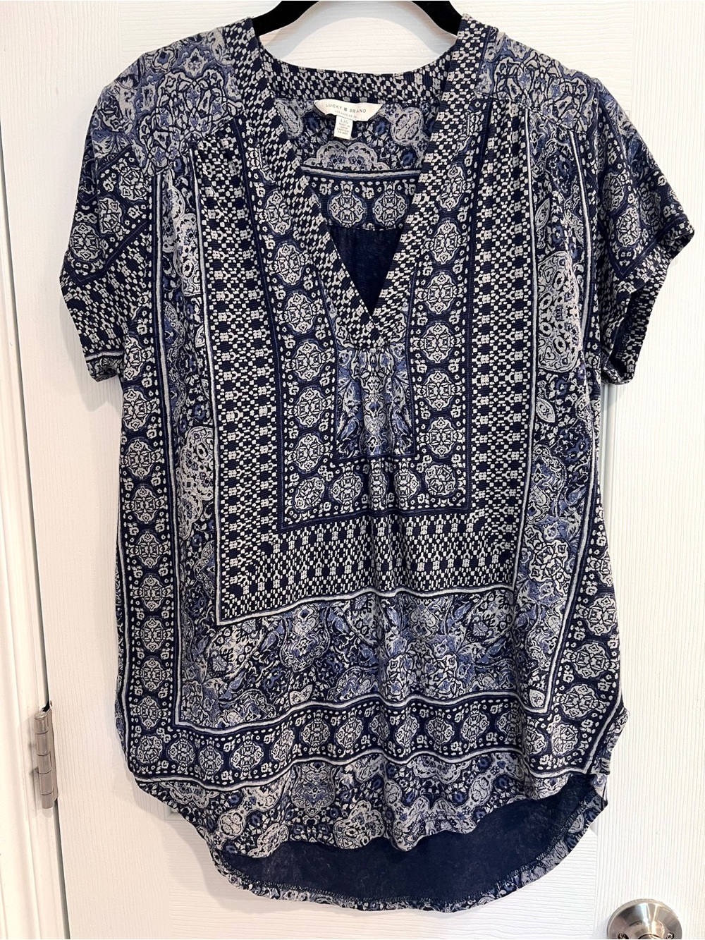 Lucky Brand Boho Mixed Print Navy Peasant Blouse Top Dolman Split Hem Shirt L